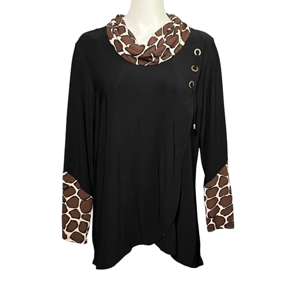Ali Miles Slinky Black Tunic Top Size Large Brown Beige Trim Cowl Neck Lagenlook